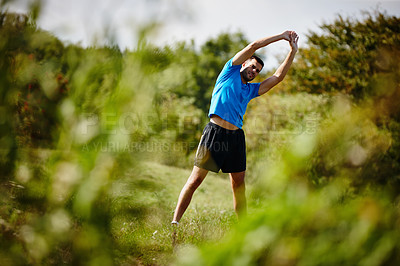 Buy stock photo Man, stretching and nature for warm up and exercise for fitness, body health and physical training. Male person or athlete and workout for cardio, active strength or healthy recreation outside