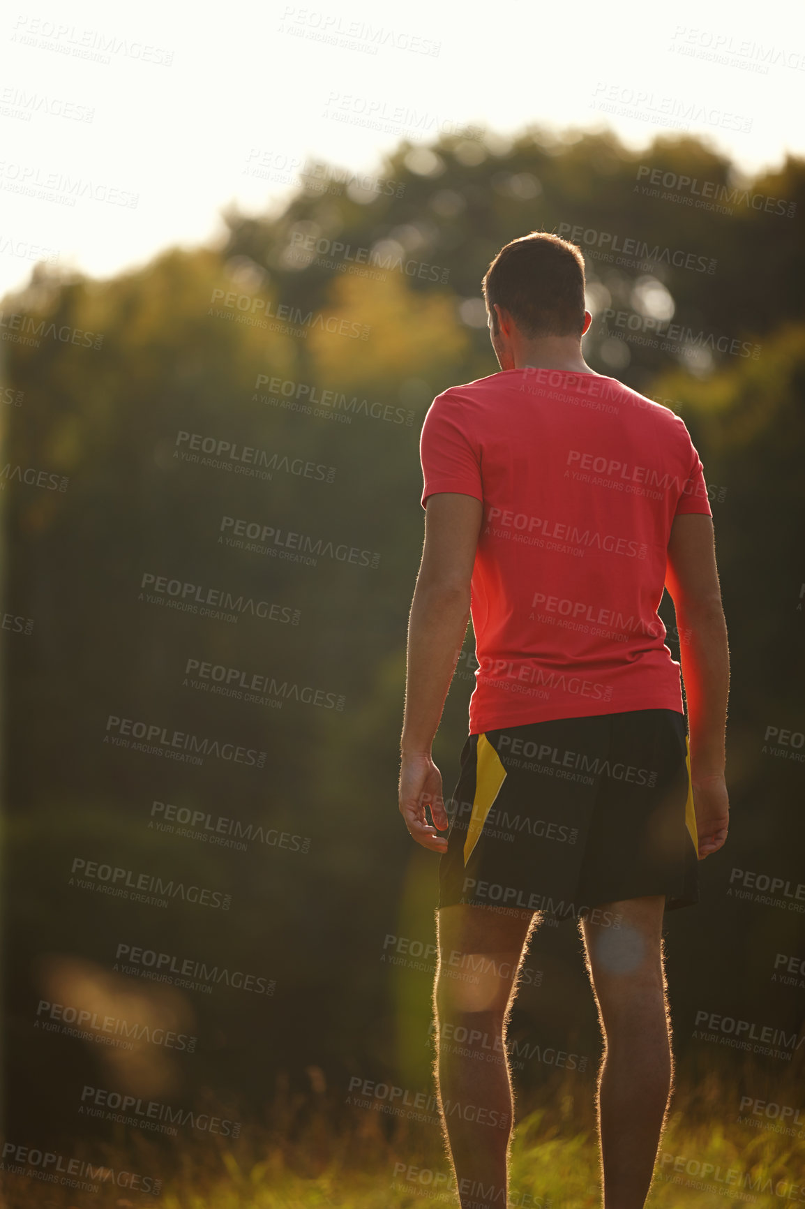 Buy stock photo Rear view, man and break for running, fitness goals and workout for body health and physical training outdoor. Male runner or athlete and jog for cardio, strength or recreation on trail outside   