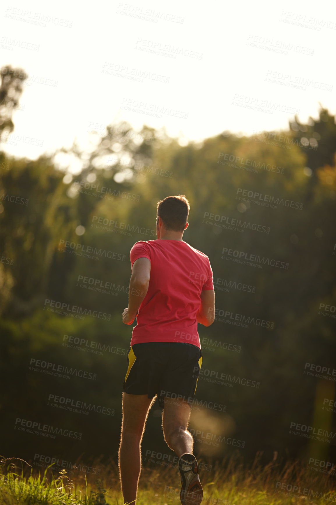 Buy stock photo Rear view, man and run for exercise, fitness and workout for body health and physical training outdoor. Male runner or athlete and jog for cardio, strength or recreation on trail outside in nature