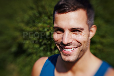 Buy stock photo Man, smile and portrait for outdoor fitness, workout and body health for physical training in nature. Male runner or athlete and happy for active outside for recreation in summer for fresh air