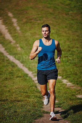 Buy stock photo Running, man and training in outdoor for fitness, health and jogging in nature for workout or exercise. Male athlete, path and wellness for endurance, muscles and strength in trail, sports and cardio