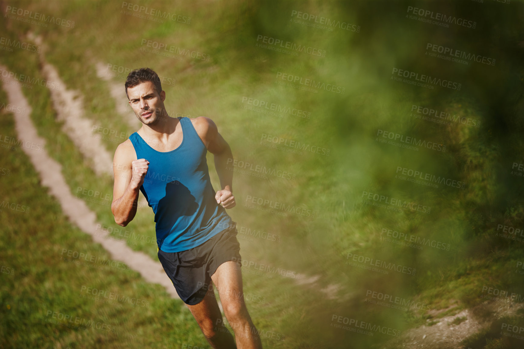 Buy stock photo Running, athlete and man, trail and outdoor with energy for practice, exercise and health in nature. Workout, runner and training for marathon, forest and performance of speed of male person