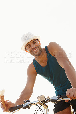 Buy stock photo Man, gelato and bike ride for travel outdoor and relax for break on white background. Young person, smile and sitting on bicycle with dessert cone for recreation, weekend fun and ice cream sorbet