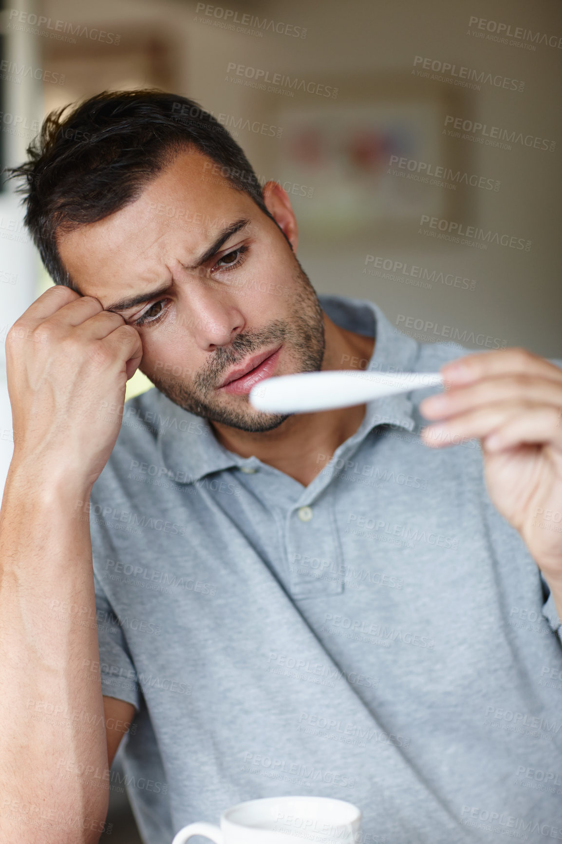 Buy stock photo Man, sick and check thermometer for fever, healthcare and wellness with virus, infection or bacteria at home. Burnout, fatigue and health fail, monitor condition for illness with cold or flu