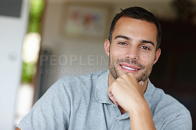 Buy stock photo Happy man, portrait and morning in home for relax, work break and day off for weekend chill in Spain. Confident, male person and smile alone in house for comfort, peace or resting and self care