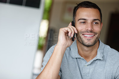 Buy stock photo Man, phone call and freelancer talking in home, networking and app for communication. Male person, smile and conversation for career opportunity in lounge, remote work and planning with contact