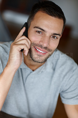 Buy stock photo Man, phone call and freelancer talking in portrait, networking and app for communication. Male person, smile and conversation for career opportunity in lounge, remote work and planning with contact