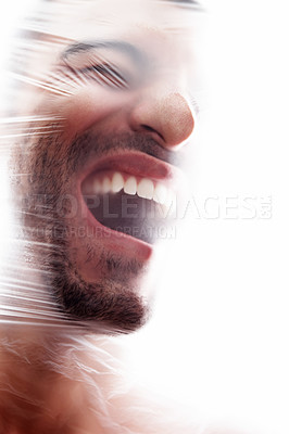 Buy stock photo Man, plastic and bag with choking, gasping and crisis for breath in white background. Male person, expression and suffocating in struggle for awareness, help and anxiety in mental health or wellness