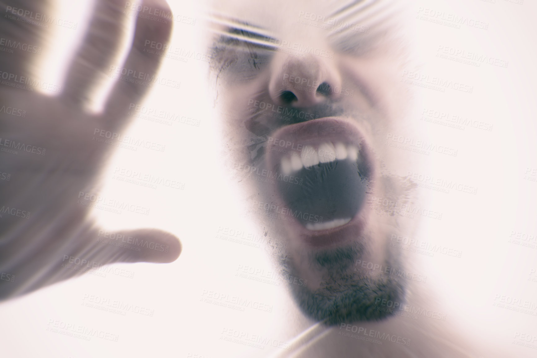 Buy stock photo Man, plastic and bag with suffocating, gasping and struggle for breath in white background. Male person, expression and choking in crisis for awareness, help and anxiety in mental health or wellness