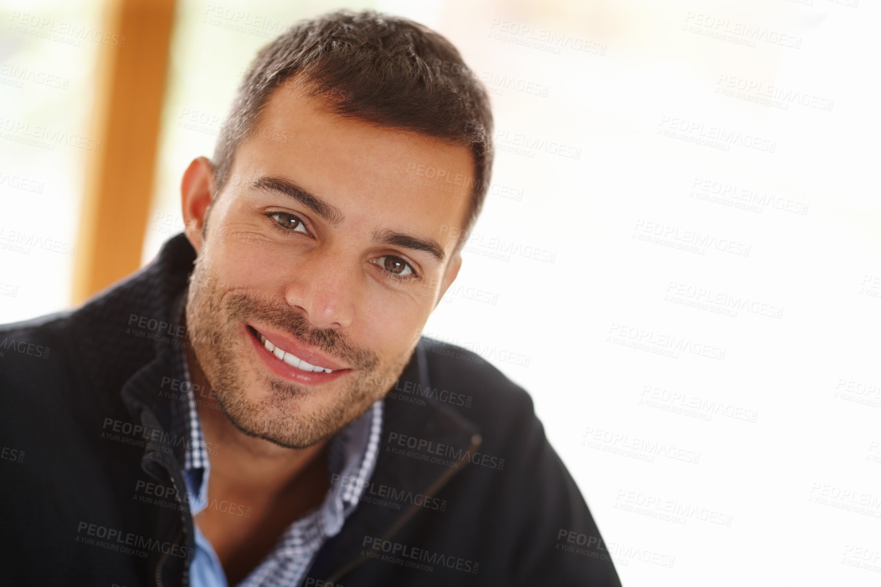 Buy stock photo Portrait, happy man and relax in house for peace with smile, teeth and self care. Calm, happiness and face of handsome male person in home interior for wellness, positive mindset and casual comfort