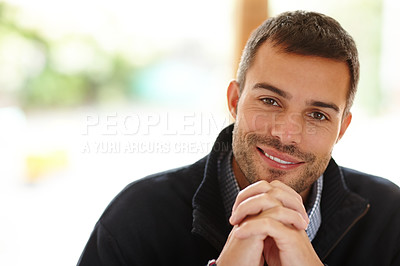 Buy stock photo Portrait, happy man and hands in house for peace with smile, relax and self care. Calm, happiness and smiling face of male person in apartment lounge for wellness, natural light and casual comfort