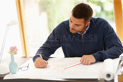 Buy stock photo Man, drawing and architect with pen for design in office, documents and planning on blueprint. Male person, drafting and engineer for building idea on paper, solution and employee for project at desk