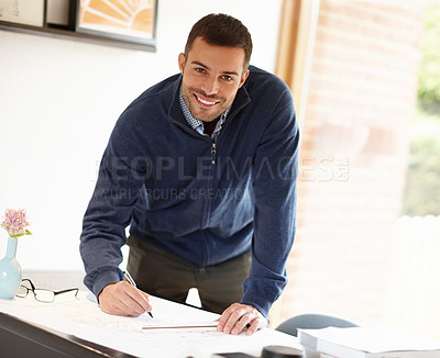 Buy stock photo Man, portrait and architect with plan for design in office, documents and drawing on blueprint. Male person, drafting and engineer for building idea on paper, solution and pen for project at desk