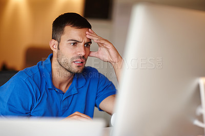 Buy stock photo Businessman, computer and stress in office for problem with 404 glitch, slow connection and deadline at night. Entrepreneur, employee and anxiety for stock market crash with trading loss at workplace