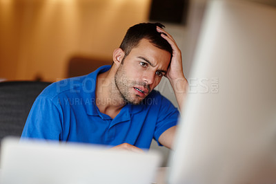 Buy stock photo Businessman, computer and stress in home office for problem with 404 glitch, slow connection or fail at night. Entrepreneur, employee and anxiety for stock market crash with trading loss at workspace