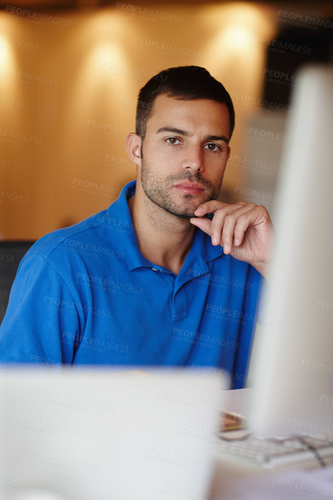 Buy stock photo Businessman, computer and thinking in home office for project, planning and connection in startup company. Entrepreneur, portrait and trading at desk for small business, online and technology. 