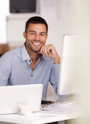 Buy stock photo Man, portrait and confident for startup company in office, accountant and computer for finance firm. Happy male person, business owner and pride for career at desk, planning and auditor in workplace