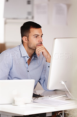 Buy stock photo Businessman, computer and thinking in home office for start up company, freelance and website development. Online, email and brainstorming in house for planning, project and technology career.