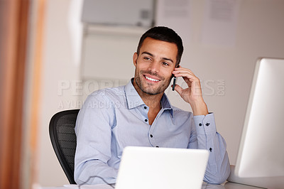 Buy stock photo Man, talking and phone call in office for networking, computer and business deal negotiation. Male person, smile and app for conversation or speaking, internet and connection for planning agenda