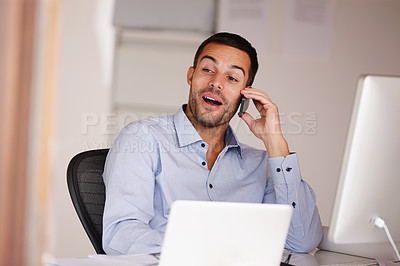 Buy stock photo Man, surprise and phone call in office for networking, computer and business deal negotiation. Male person, smile and app for conversation or talking, internet and connection for planning agenda