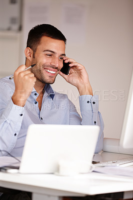 Buy stock photo Man, fist and phone call in office for success, computer and business deal negotiation. Male person, smile and app for conversation or talking, internet and connection for online win or promotion