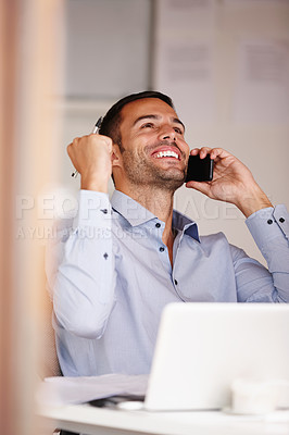 Buy stock photo Man, phone call and success or win in office, fist pump and business deal victory or bonus. Excited male person, promotion and lottery prize or reward in career, celebrate and consultant for sale