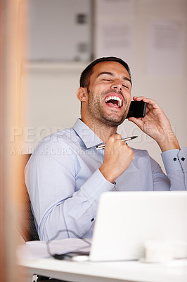 Buy stock photo Man, fist and phone call in office for win, computer and business deal negotiation. Male person, smile and app for conversation or talking, internet and connection for online lottery or promotion