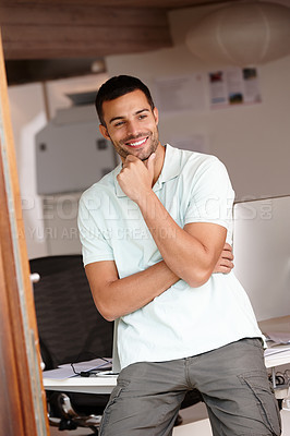 Buy stock photo Computer engineer, thinking and idea by desk in office with confidence for startup business, software and tech company. Man, planning and happy by table in workplace for vision, strategy and career