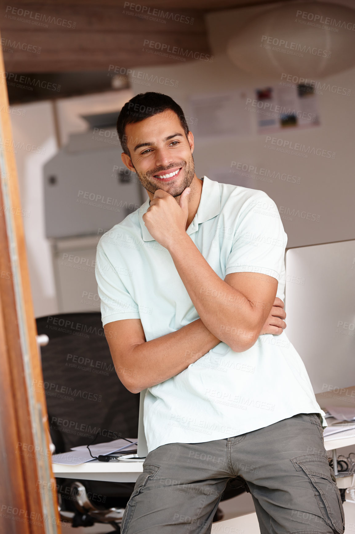 Buy stock photo Computer engineer, thinking and idea by desk in office with confidence for startup business, software and tech company. Man, planning and happy by table in workplace for vision, strategy and career