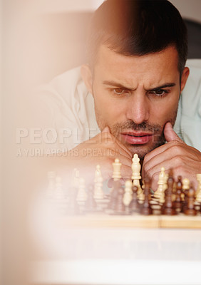 Buy stock photo Chess, man and thinking for strategy, stressed and problem solving for games and concentration. Face, planning and choice for play on board, challenge for mind and player to move piece on boardgame