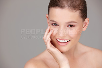 Buy stock photo Skincare, makeup and portrait of woman in studio for dermatology, wellness or facial treatment with gray background. Beauty, smile and female model for healthy skin, cosmetics or natural glow