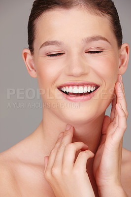 Buy stock photo Skincare, beauty and model in studio for wellness, dermatology or facial treatment with gray background. Cosmetology, makeup and happy woman for healthy skin, luxury salon spa or natural glow