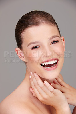 Buy stock photo Skincare, beauty and portrait of woman in studio for cosmetology, wellness or facial treatment with gray background. Dermatology, smile and female model for healthy skin, cosmetics or natural glow