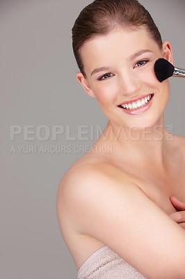 Buy stock photo Woman, smile and portrait with makeup brush for spa skincare and dermatology for aesthetic cosmetic beauty in studio. Young person or model and happy with clean face for hygiene, fresh and pamper