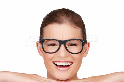 Buy stock photo Woman, portrait and eye glasses in studio for vision optometrist on white background, frames or mockup space. Female person, face and happiness with hands or lens prescription, spectacles or sight