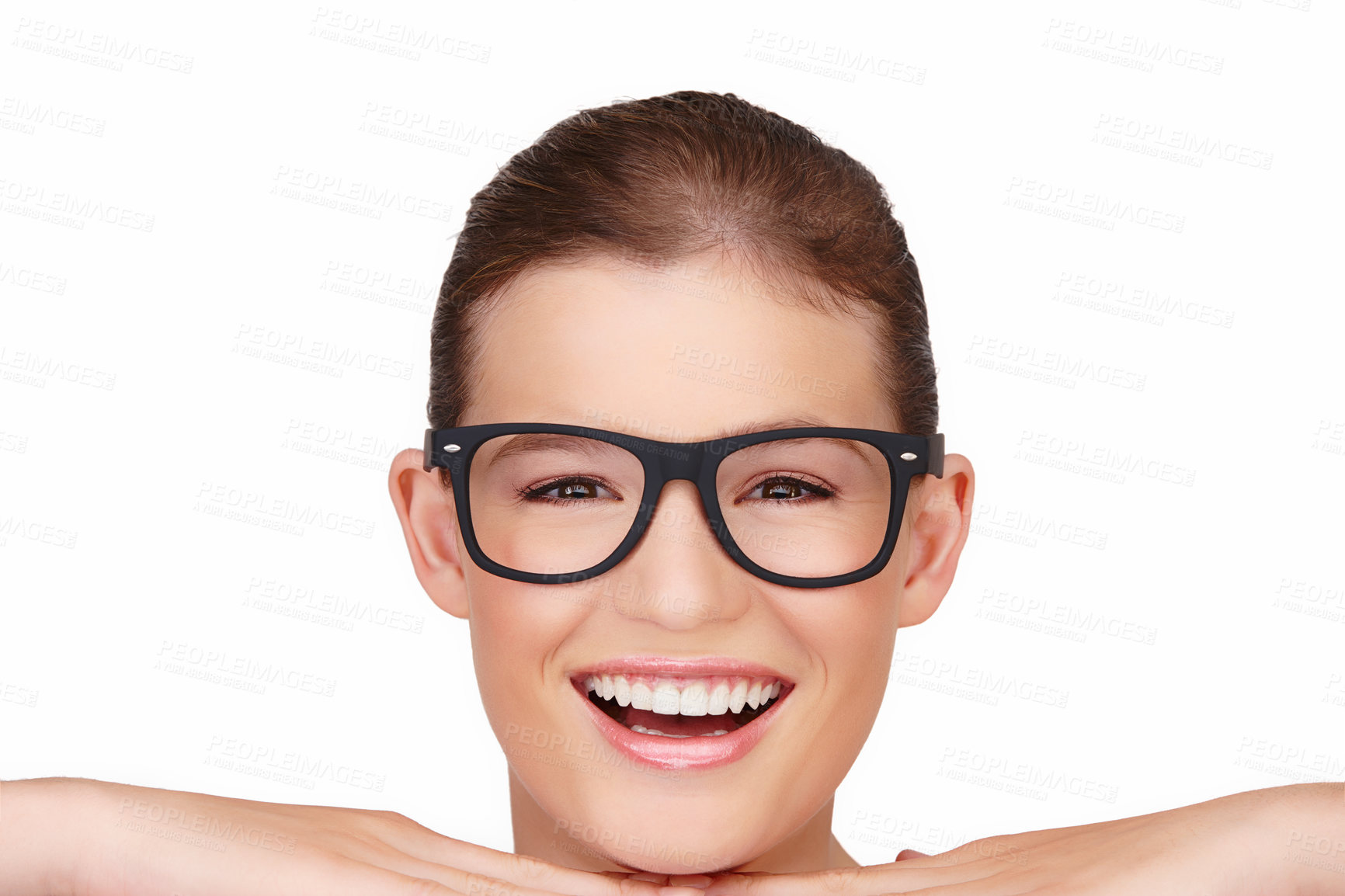 Buy stock photo Woman, portrait and eye glasses in studio for vision optometrist on white background, frames or mockup space. Female person, face and happiness with hands or lens prescription, spectacles or sight