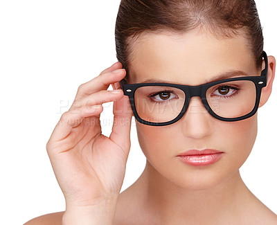 Buy stock photo Woman, spectacles and portrait with glasses for eyewear, trendy optometry vision or optician prescription lens. Young female person and serious with fashionable frame or sight on white background.