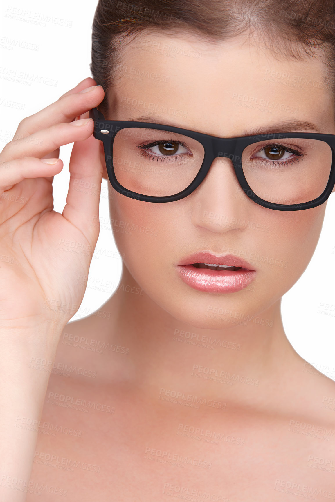 Buy stock photo Portrait of a beautiful woman wearing thick rimmed glasses isolated on a white background. Flawless beauty model wearing thick spectacles. Gorgeous woman with eyewear looking at the camera 