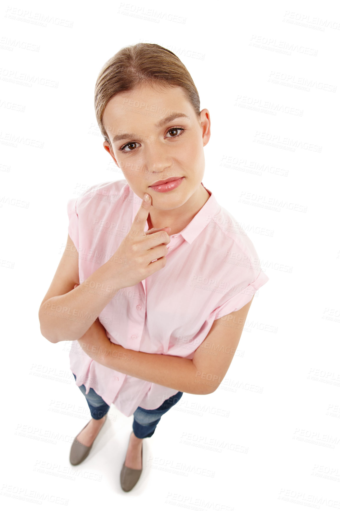 Buy stock photo Female student, thinking and portrait in studio with mind, strategy and idea for school. Woman, vision and plan or doubt for scholarship or university on isolated white background with mockup or pov
