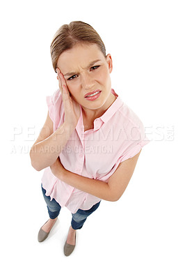 Buy stock photo Female student, thinking and doubt in studio with mind, strategy and idea for school or question. Woman, vision and confused for college or university on isolated white background with above or pov