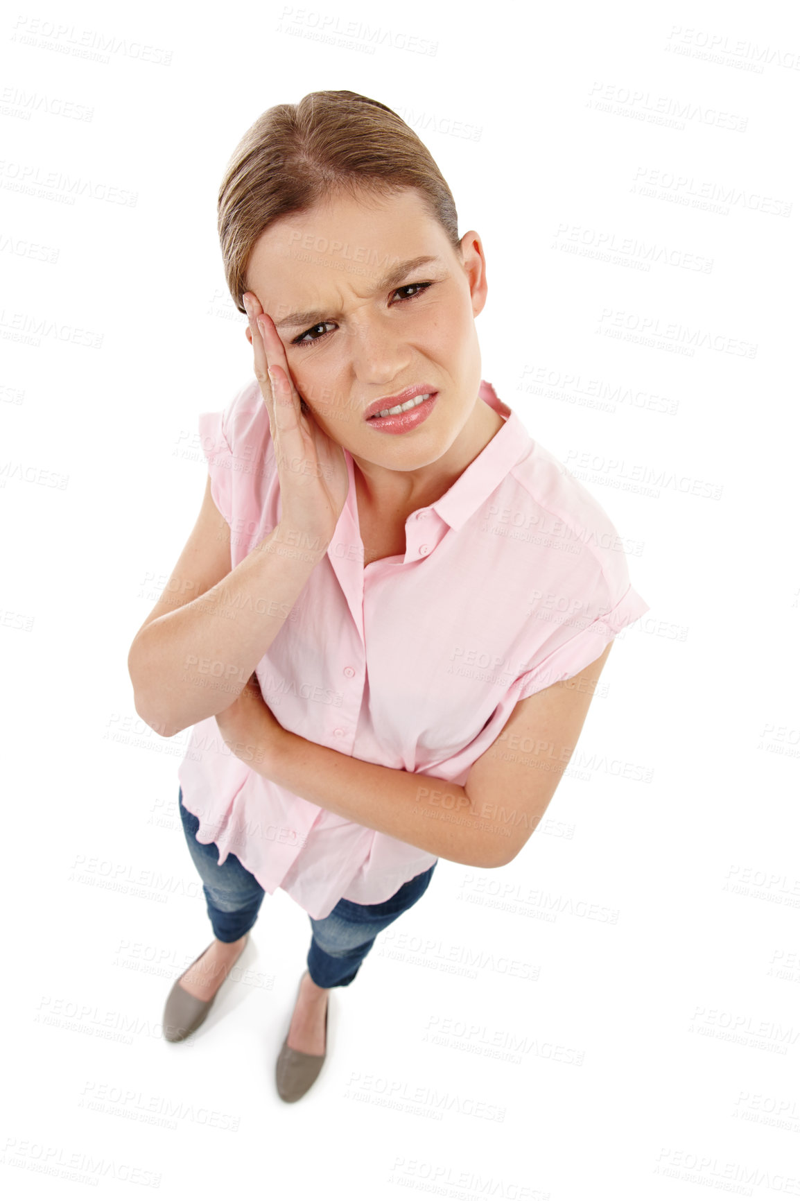 Buy stock photo Female student, thinking and doubt in studio with mind, strategy and idea for school or question. Woman, vision and confused for college or university on isolated white background with above or pov