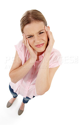 Buy stock photo Female student, thinking and headache in studio with portrait, mind and problem solving for school in Canada. Girl, question and doubt for university on isolated white background with top view pov