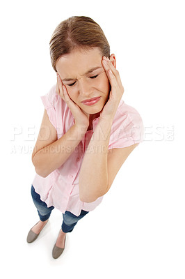 Buy stock photo Female student, thinking and headache in studio with idea, mind and problem solving for school in Canada. Girl, question and doubt for university on isolated white background with mockup or pov