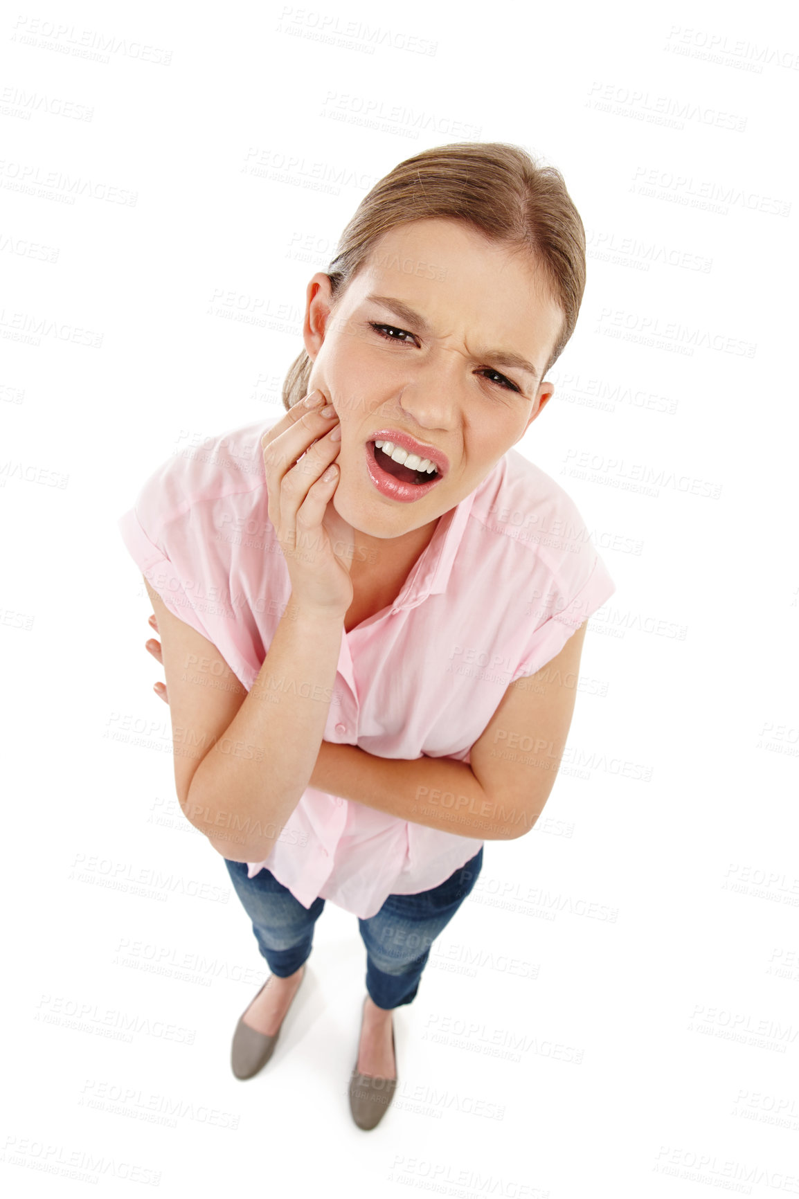 Buy stock photo Dental health, patient and teeth in studio with gingivitis, toothache and pain for dentist. Oral hygiene, girl and medical emergency for healthcare on isolated white background with mockup or pov