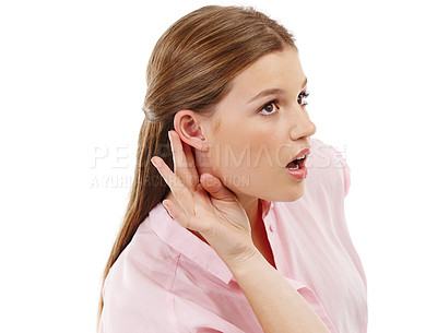Buy stock photo Listening, secret and woman with gossip in studio isolated on white background cupping ear for hearing. Spy, whisper and curious person with hand gesture for eavesdropping, news and privacy rumor