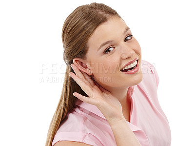 Buy stock photo Listening, secret and woman with gossip in portrait or studio on white background cupping ear for hearing. Spy, happy and curious person with hand gesture for eavesdropping, news and privacy rumor