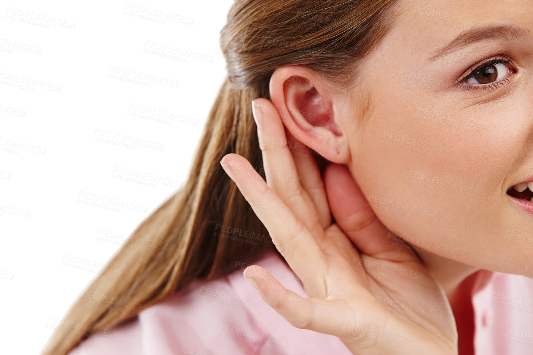 Buy stock photo Woman, ear and listening to gossip, rumour and gesture as spy to hear serious whispers in secret. Curious, female person and palm trying to concentrate on interesting news or information in studio