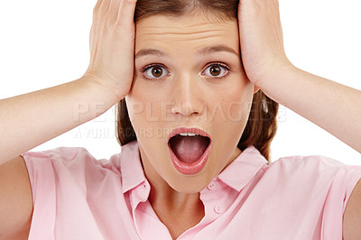 Buy stock photo Shocked, face and portrait for surprise, awe and wtf for wow, comic or emoji facial expression on white background. Model or young person isolated for announcement, information or omg for gossip news
