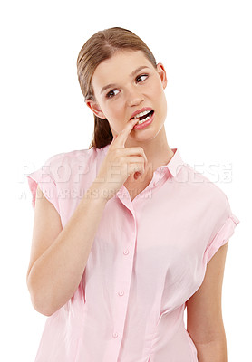 Buy stock photo Woman, bite finger and thinking for doubt, worry and anxious facial expression on white background. Model or young person isolated and unsure or confused for problem, choice or uncertain crisis 