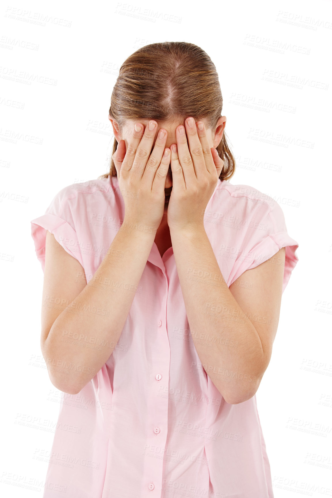 Buy stock photo Woman, hands and anxiety in studio for depression with mental health, stress and crisis by white background. Upset, scared and unhappy female person for frustrated with fear, sad and negative feeling